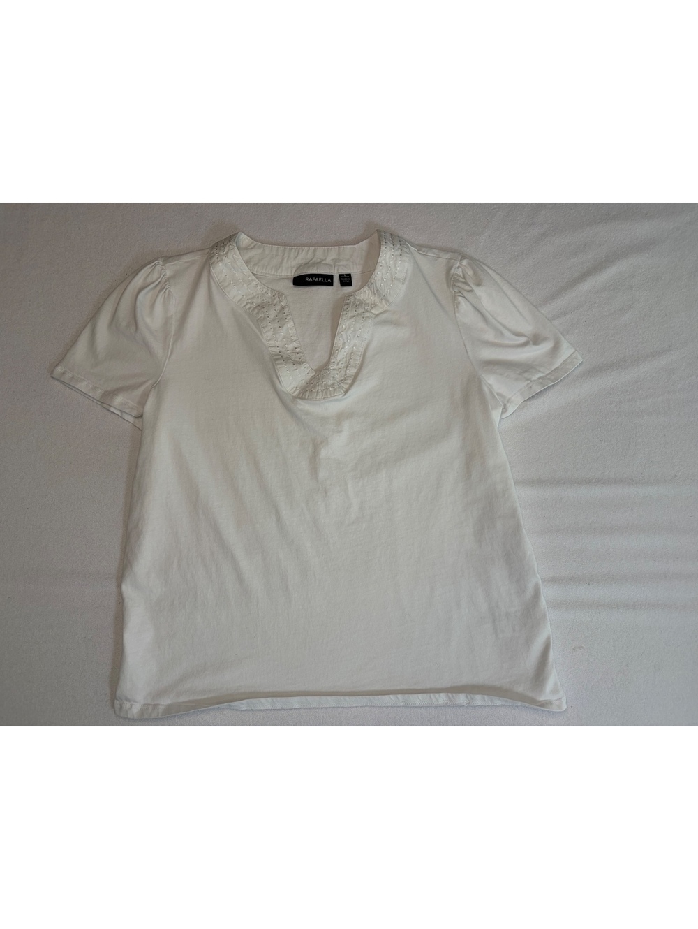Raphaella White Cotton Short Sleeve Top with Embellished Neckline Size M